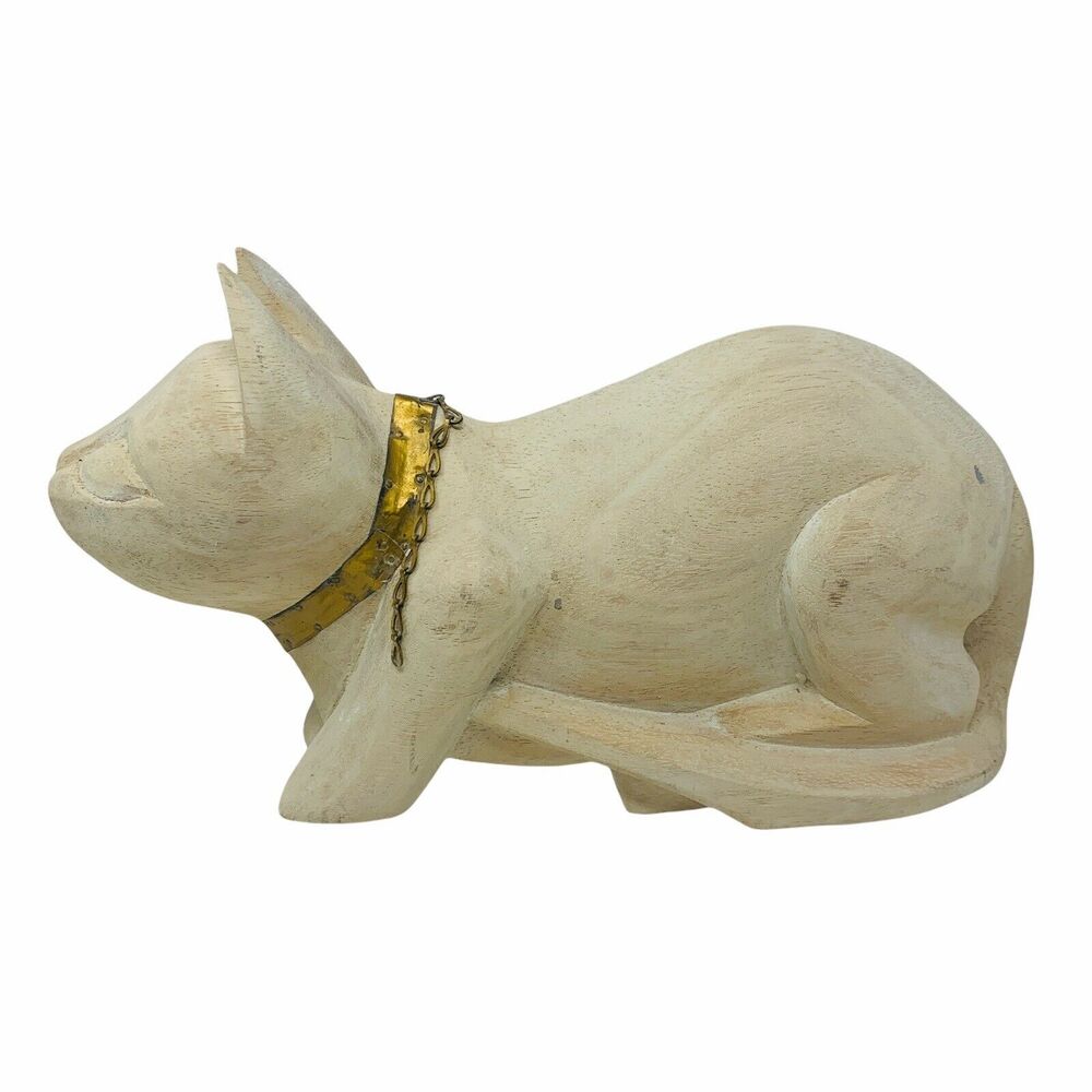 Vtg MCM Hand Carved Wooden Cat Figure Statue Sculpture Brass Collar - Picture 4 of 8